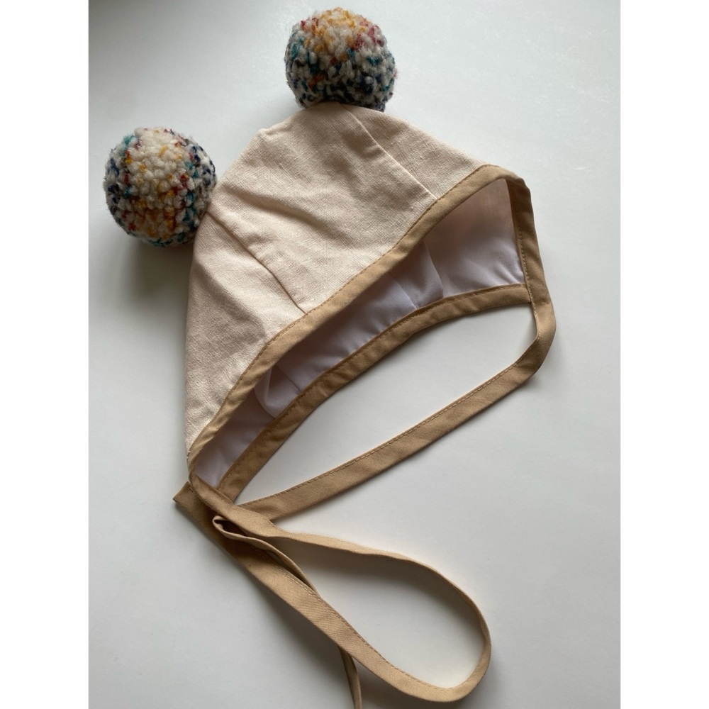 Handmade Cotton Kids Bonnet with Double Poms, infant-toddler